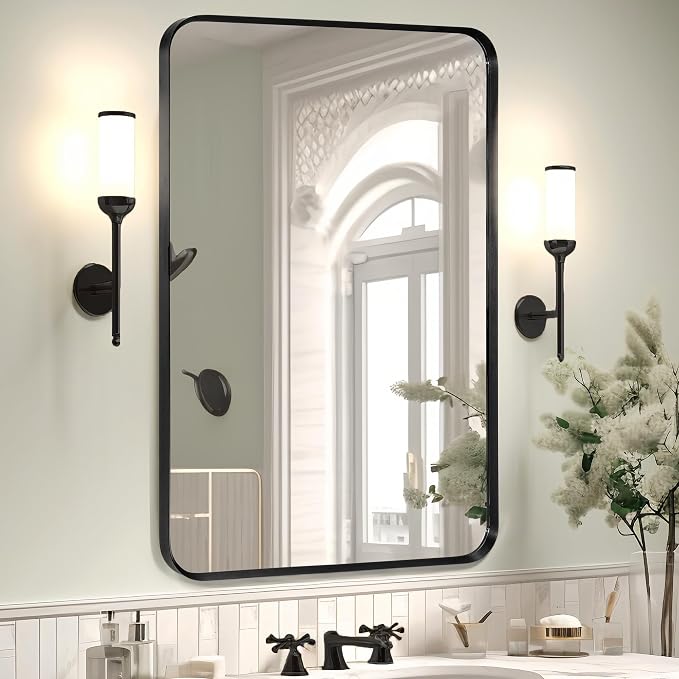 Wall Mount Mirror for Bathroom, Brush Black Metal Framed Rounded Corner by Minuover