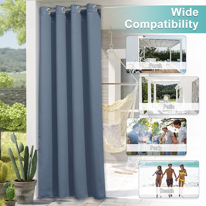 NICETOWN Outdoor Curtain for Patio Waterproof Extra Wide 100 in, Sun Blocking Vertical Blinds Thermal Insulated Stainless Grommet for Front Porch/Gazebo/Pergola, Stone Blue, 1 Piece, 84 in L