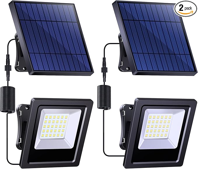 Solar Lights Outdoor, Solar Powered Flood Lights Weatherproof, Dusk to Dawn Led Solar Security Wall Lights with 16.4Ft Cable for Outside Garden, Garage, Landscape 2 Pack