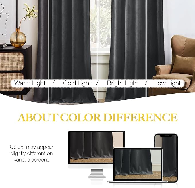 NICETOWN Grey Velvet Curtains 84 inches, Sound Reducing Heavy Matt Solid Rod - Image 9