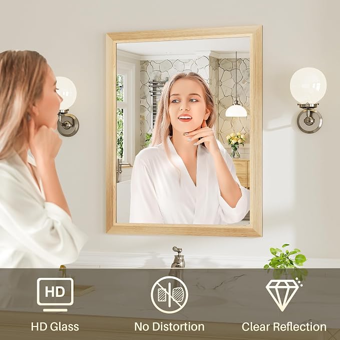24x32 Inch Bathroom Mirror for Wall, Anti-Rust Oak Wood Grain Metal Framed - Image 6