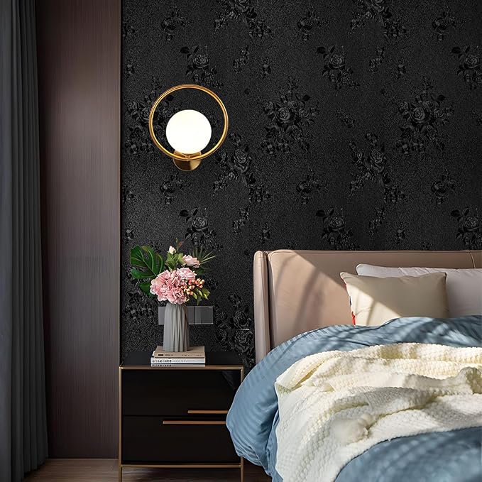 Black Peel and Stick Wallpaper Floral Black Wallpaper 17.7inch x 118.1inch - Image 3