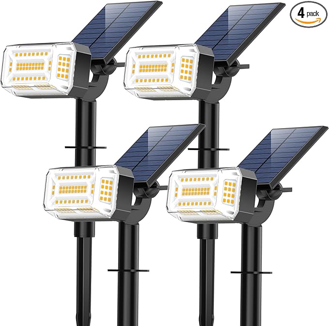 Solar Spot Lights Outdoor, 102 LED Solar Garden Yard Spotlight Waterproof Landscape Flood Powered Lights with Adjustable Light & Panel, 4 Lighting Modes for Pathway Driveway, 4 Pack(Warm White)