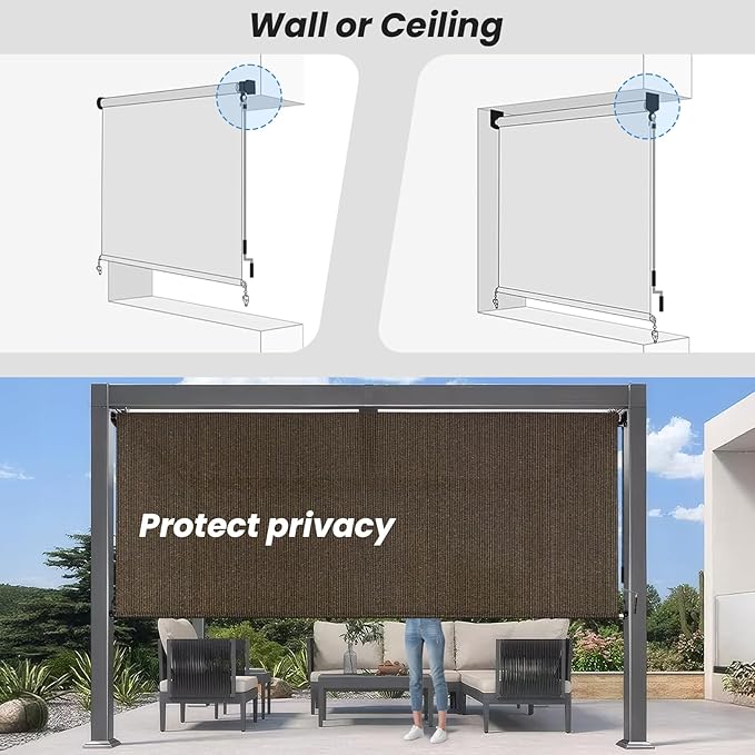 7'W x 8'H Mocha Patio Shades Roll up Outdoor Roller Shade Crank Wand Blind - Image 6