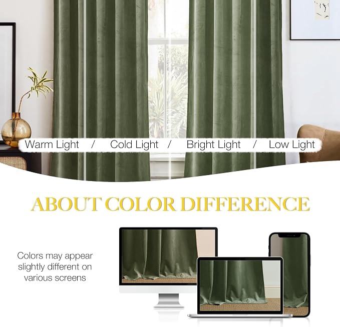 NICETOWN Sage Green Room Darkening Velvet Curtains 90 inches Long 2 Panels - Image 3