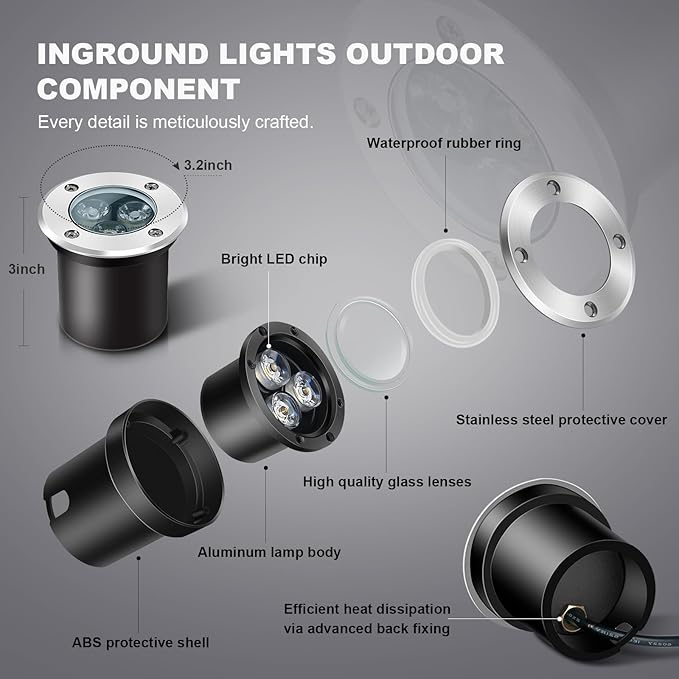 4Pack 3W Low Voltage Landscape Lights with Connectors 12-24V LED In-Ground Lights IP67 Waterproof Garden Lighting 6500K Outdoor Well Light for Yard Pathway Driveway Deck (Cool White)