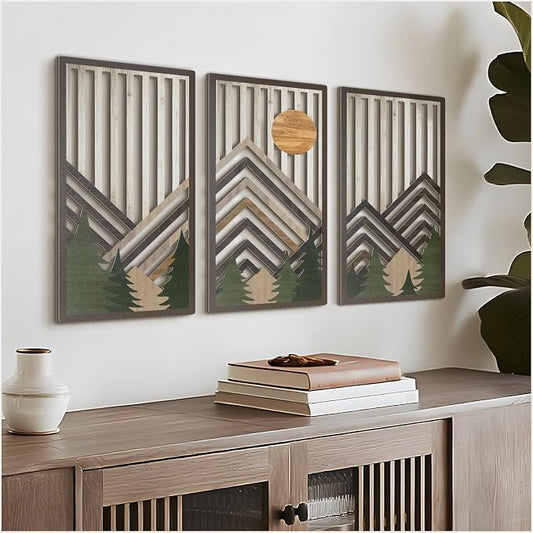 VIYYIEA Boho Solid Wood Carved Wall Art Set of 3, Geometric Minimalist Wooden by VIYYIEAART