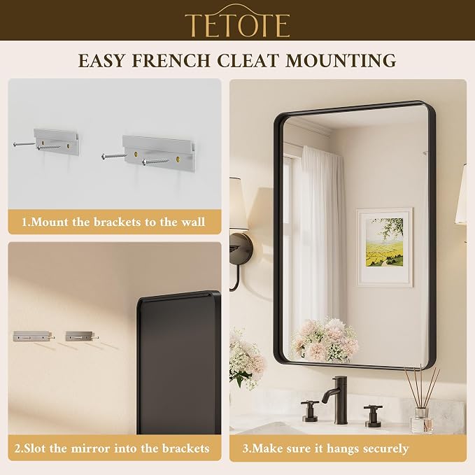 TETOTE Black Framed Bathroom Mirror, 40 x 24 Inch Matte Metal Frame Vanity - Image 7