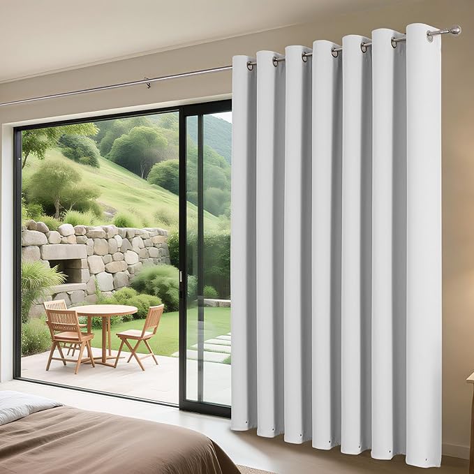 Joydeco Blackout Patio Sliding Door Curtains 84 Inches Long, Grommet Privacy Room Divider Curtains, Extra Wide Thermal Blackout Drapes for Bedroom Living Room (Greyish White, 70Wx84L, 1 Panel)