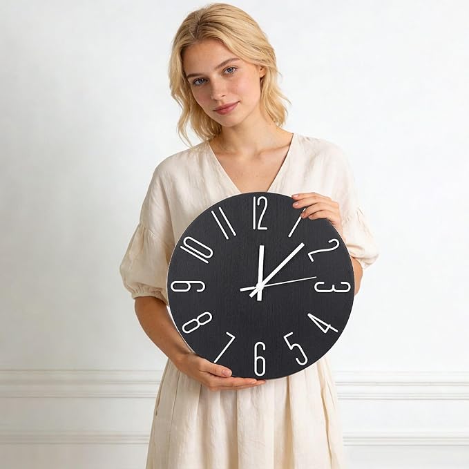 Wall Clock 12 Inch Silent Non-Ticking Imitation Wood Indoor Clock Round Blue - Image 3