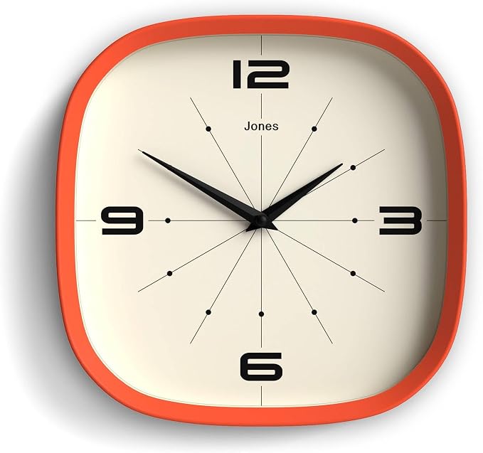 JONES CLOCKS® Pulsar wall Clock | Square Rounded Retro Clock | 10 inch | Orange by JONESCLOCKS