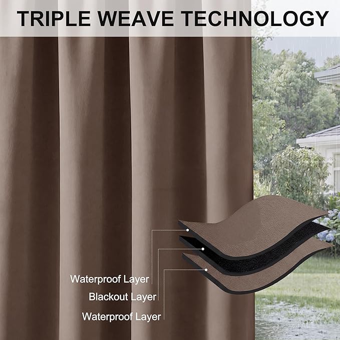 RYB HOME Extra Wide Outdoor Curtains for Patio Waterproof Heavy Duty Thermal Insulated in Summer Full Coverage Privacy for Porch, Cabana & Pool, W120 x L95, Mocha, 1 Panel