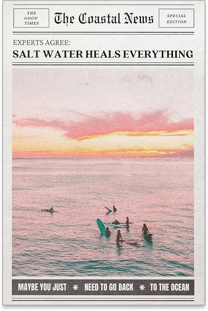 Pink Beach Newspaper Posters Vintage Fashion Coastal Girl Surf Wall Art Grainy by Unknown