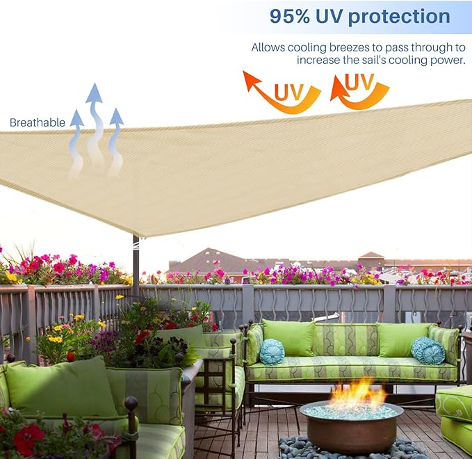 E&K Sunrise 16' x 16' x 16' Sun Shade Sail Triangle Canopy Shade Cover UV Block for Patio Backyard Garden Outdoor (Sand)