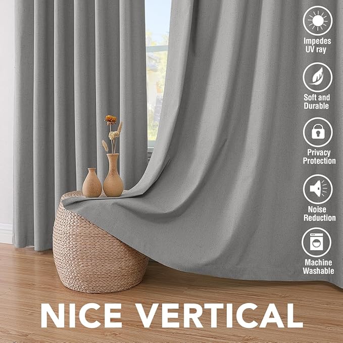 H.VERSAILTEX Linen Blackout Curtains 72 Inches Long 100% Blackout Thermal Insulated Textured Linen Look Curtain Draperies Anti-Rust Grommet, Energy Saving with White Liner, 2 Panels, Dove Gray