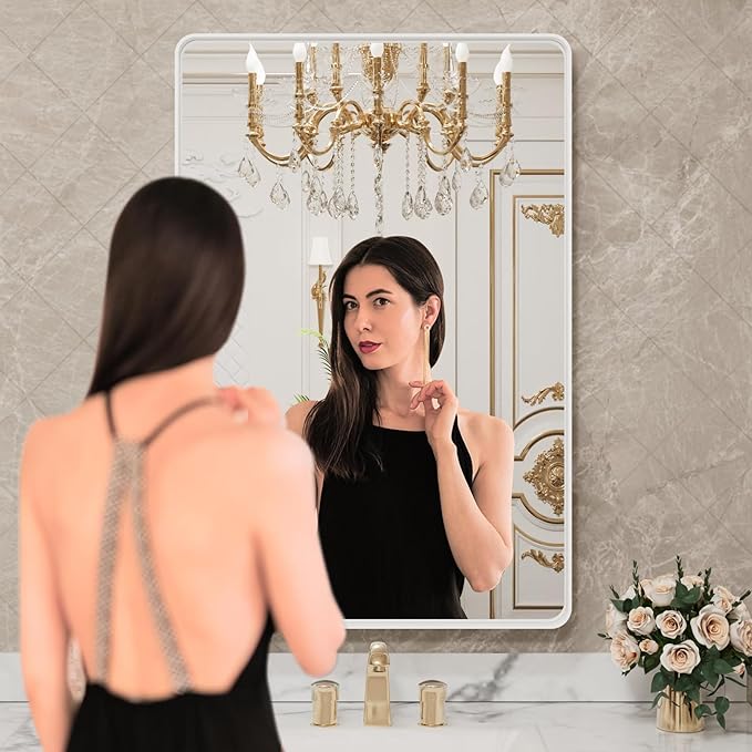 LOAAO 30x36 Inch White Metal Framed Bathroom Mirror - Image 2
