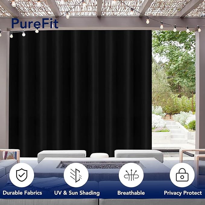 PureFit Outdoor Curtains for Patio Waterproof Weatherproof, UV and Fade Resistant Outside Curtains for Gazebo, Front Porch, Pergola, Sun Blocking Privacy Curtain, 100W x 108L inch, 1 Panel, Black
