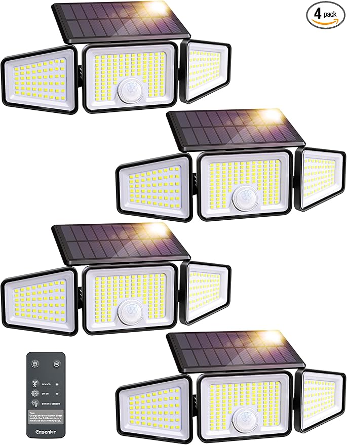 Ensenior Solar Lights Outdoor Motion Sensor, 2600LM 220 LED High Brightness, 3 Head 270° Wide Angle Flood Lights, Remote Control Security Lights 4 Modes, IP65 Waterproof Wireless Wall Light, 4 Pack
