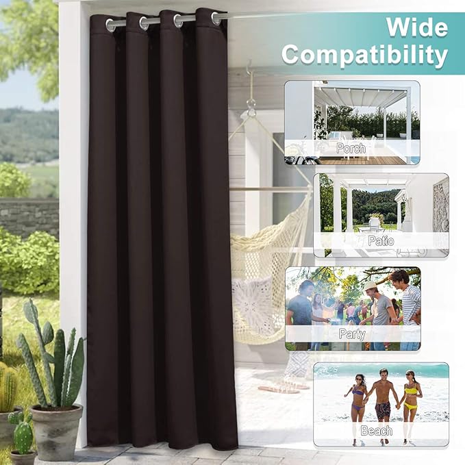 NICETOWN Waterproof Outdoor Curtain, 66" Wide Porch Curtains Outdoor Patio Sunlight Block Window Curtain Grommet Cabana Cabin Drape Privacy Panel, 1 Piece, W66 x L84 inch, Toffee Brown
