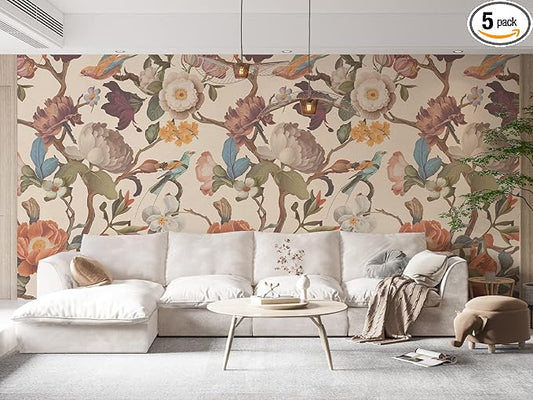 Zeeko Floral Peel and Stick Wall Mural Beige Flower Wallpaper by Zeeko