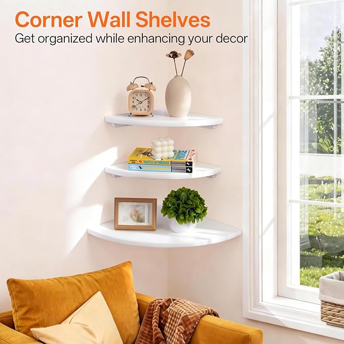 Gieanoo White Corner Wall Shelf 12inch Solid Oak Wood Floating Corner Shelf - Image 2