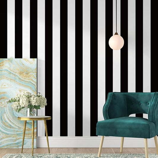 Jeweluck Black and White Wallpaper Peel and Stick Wall Paper 17.7”x393.7” Black by Jeweluck