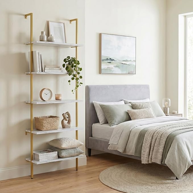 aboxoo Ladder Shelf White Marble Bookshelf 5-Tier Wall-Mounted Wood Rack - Image 2