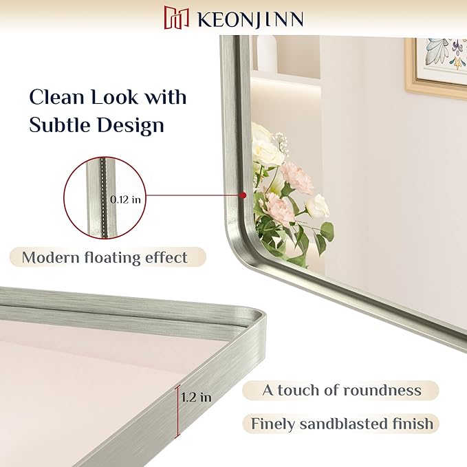 Keonjinn Brushed Nickel Mirror 24 x 32 Inch Silver Bathroom Mirror - Image 3