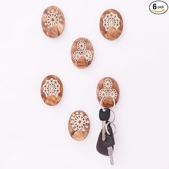 Indian Shelf 6 Lb- 6 Pieces Decorative Wood Adhesive Wall Hooks–Boho Peel and by IndianShelf
