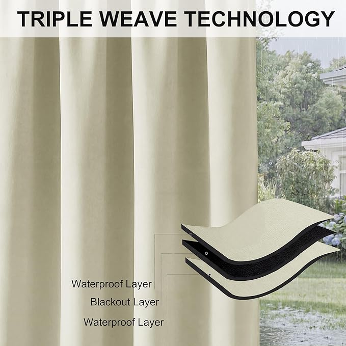 RYB HOME Extra Wide Outdoor Curtains for Patio Waterproof Heavy Duty Thermal Insulated in Summer Full Coverage Privacy for Porch, Cabana & Pool, W120 x L84, Beige, 1 Panel