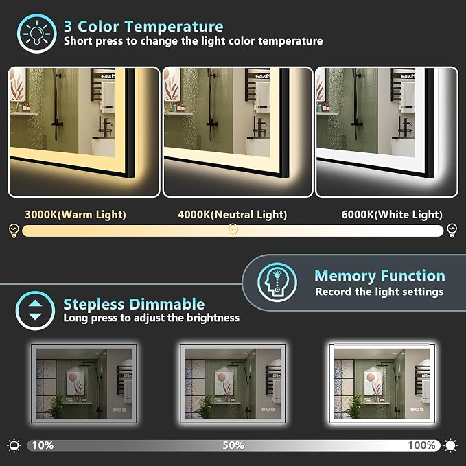 44x36 Black Framed LED Bathroom Mirror - Image 5
