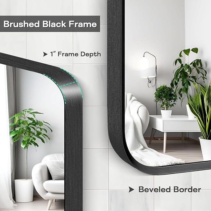 Black Framed Bathroom Mirror for Wall, Matte Black Rounded Corner Rectangle - Image 2