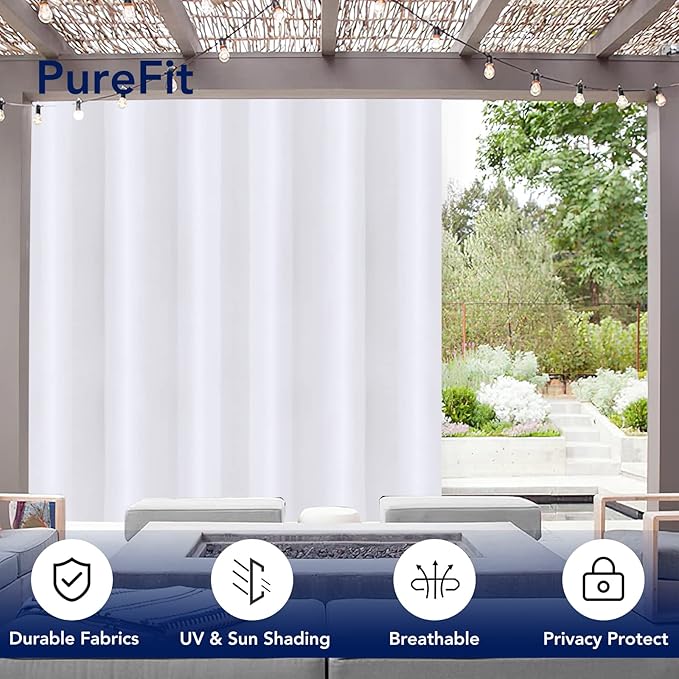 PureFit Outdoor Curtains for Patio Waterproof Weatherproof, UV Resistant Outside Curtains for Gazebo, Front Porch, Pergola, Sun Blocking Privacy Curtain, 100W x 95L inch, 1 Panel, White
