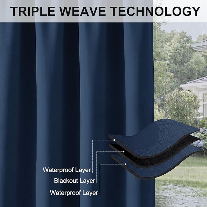 RYB HOME Outdoor Patio Curtains - Waterproof Windproof Curtains Blackout Thermal Insulating Solar Blinds for Garage Porch Pergola Cabana Corridor, W 52 x L 108 inch, 1 Pc, Navy Blue