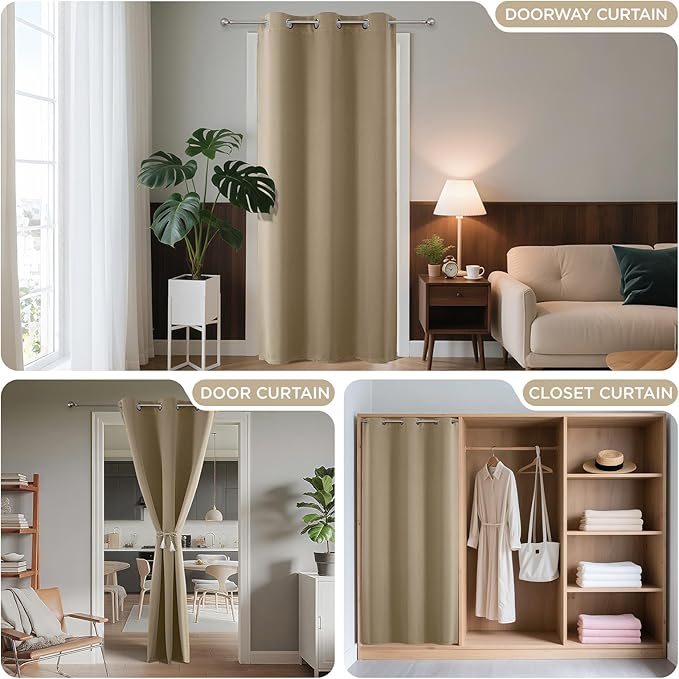 Joydeco Blackout Door Curtain for Doorway Privacy 78 Inches Long, Grommet Closet Curtain for Open Closet, Room Divider for Bedroom Living Room (Light Beige, 52Wx78L, 1 Panel)