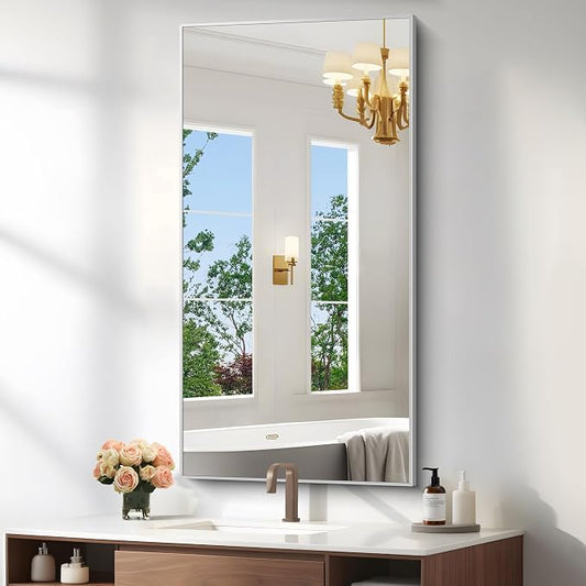 KOCUUY Silver Bathroom Mirror, HD Tempered Glass, Anti-Rust Brushed Silver Frame by KOCUUY