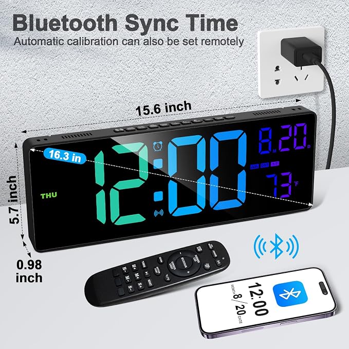 XREXS 16.3" Bluetooth Large Digital Wall Clock - Image 2