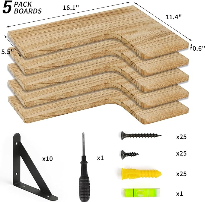 Fixwal Floating Shelves for Wall Set of 5, Rustic Wood Wall Mounted Corner - Image 2