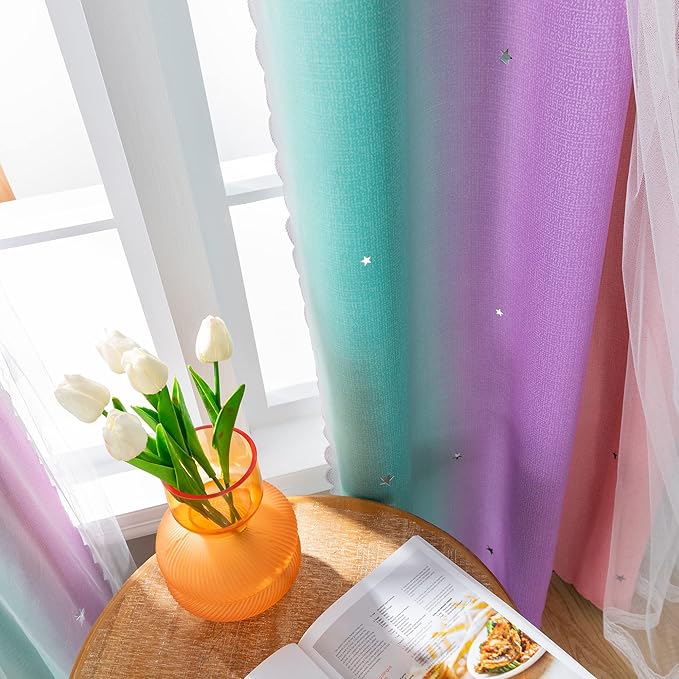 XiDi Curtains for Bedroom Decor, Rainbow Pink Purple Green 34/79/1 - Image 4