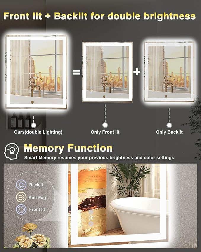 40x32 LED Bathroom Mirror with Lights, Super Bright Front & Backlit Vanity - Image 3