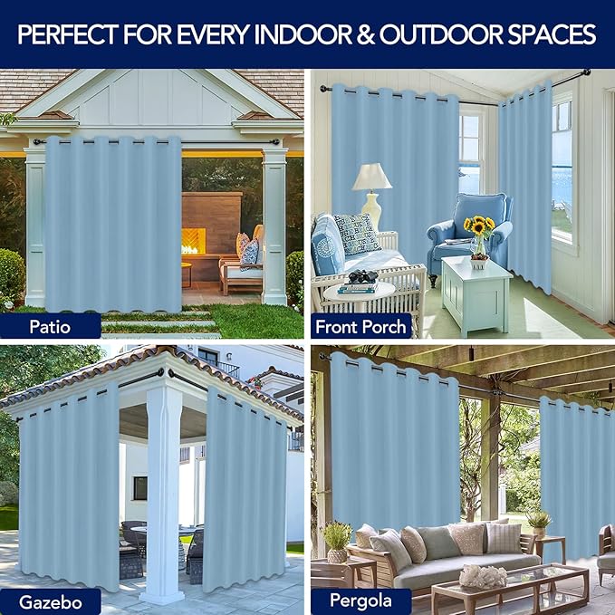 PureFit Outdoor Curtains for Patio Waterproof Weatherproof, UV Resistant Outside Curtains for Gazebo, Front Porch, Pergola, Sun Blocking Privacy Curtain, 150W x 84L inch, 1 Panel, Sky Blue