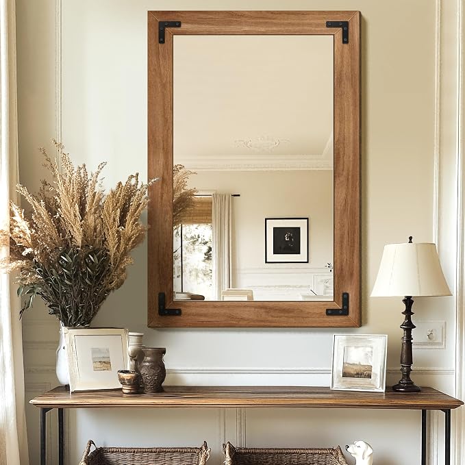 Bathroom Mirror for Wall with Wooden Frame, Vertical or Horizontal Hanging by TRAHOME