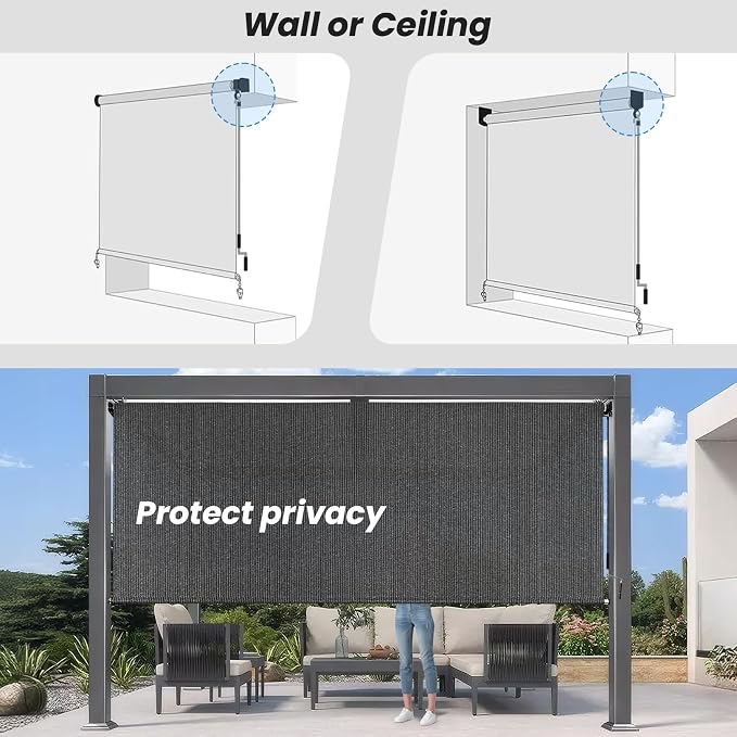 7'W x 8'H Gray Patio Shades Roll up Outdoor Roller Shade Crank Wand Blind - Image 6