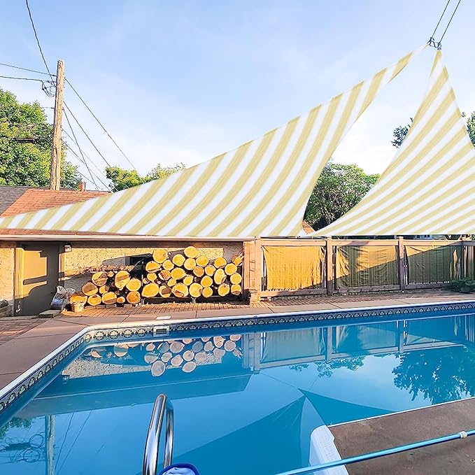 E&K Sunrise 19' x 19' x 19' Sun Shade Sail Triangle Canopy Shade Cover UV Block for Patio Backyard Garden Outdoor (Beige White Strip)