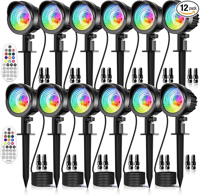 MEIKEE 15W RGB Landscape Lights 12V 24V Low Voltage Landscape Lighting RGBW Color Changing IP66 Waterproof Outdoor Spot Lights with Connectors for Garden Path Yard (12 Pack)