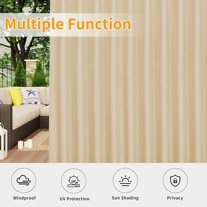 Easy-Going Outdoor Patio Curtains Detachable Tab Top Windproof Weatherproof Curtain for Cabana, Porch, Pergola and Gazebo, Tab Bottom Drape, 2 Panels, 110W x 108L inch, Beige