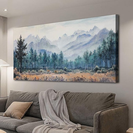 Anolyfi Foggy Forest Mountain Canvas Wall Art, Nature Tree Landscape Painting by Anolyfi