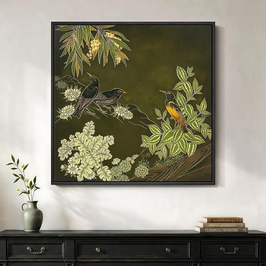 Framed Green Wall Art, Vintage Botanical Flower Bird Nature Canvas Prints by Cuspin