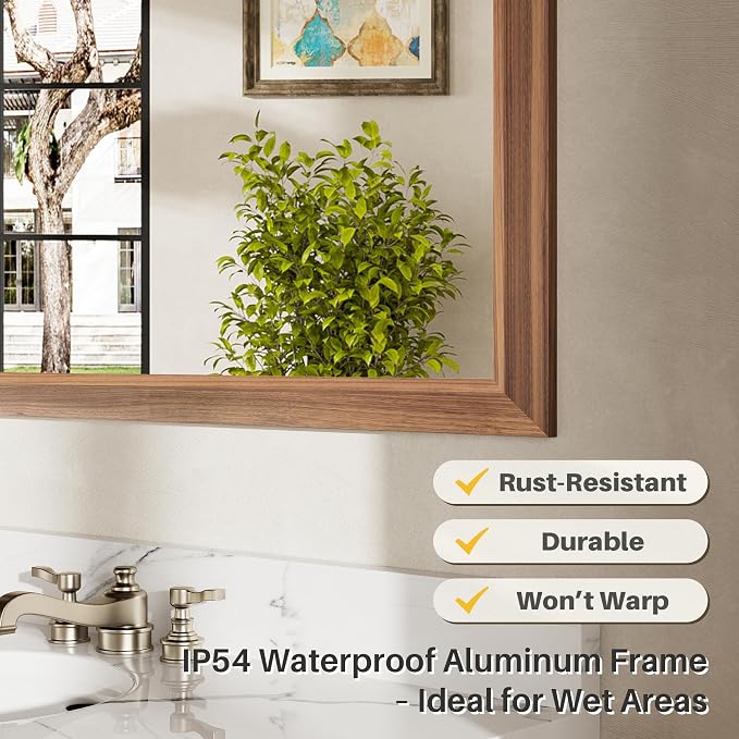 24x30 Inch Bathroom Mirror for Wall, Anti-Rust Walnut Wood Grain Metal Framed - Image 4