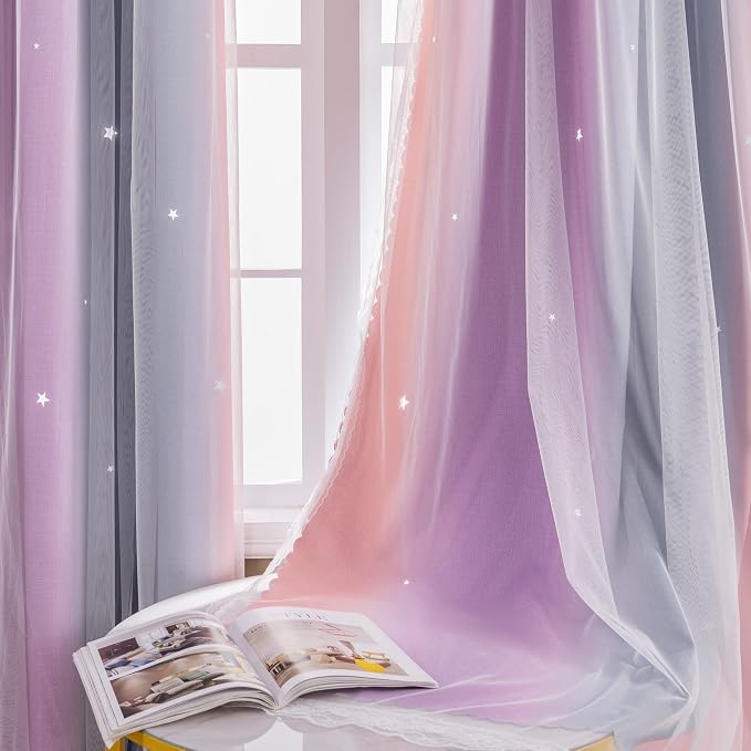 XiDi Curtains for Bedroom Decor, Rainbow GreyPinkPu-34-54 - Image 4